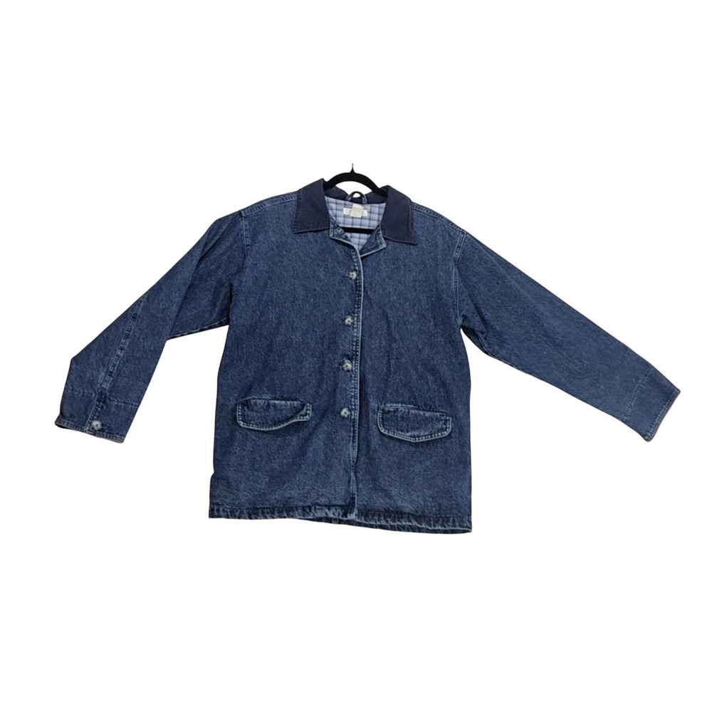 Vtg Cherokee Chore Barn Coat Jacket Womens XL Denim Plaid Blue 90s Cottagecore